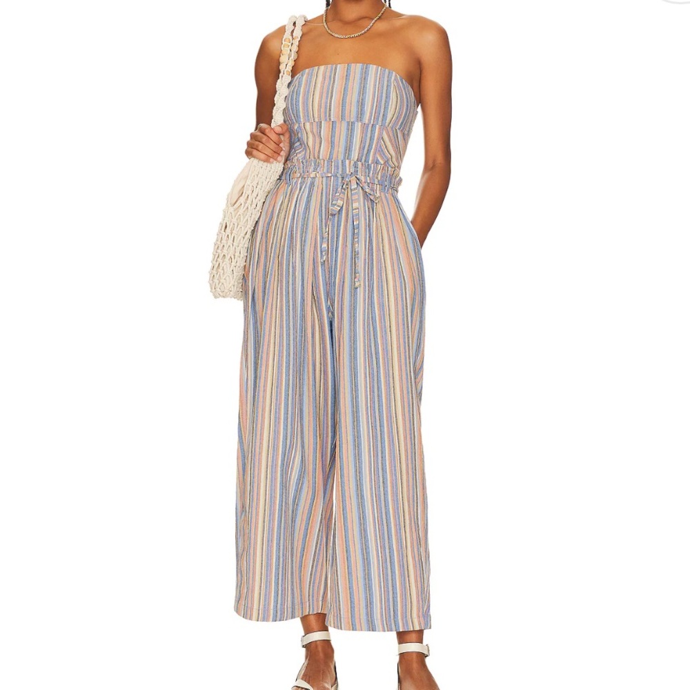 Free People striped strapless wide leg jumper with cute string belt